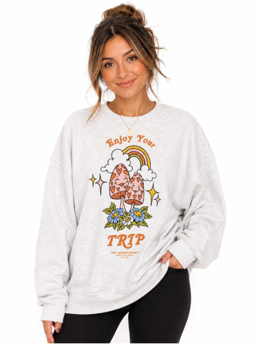 The Laundry Room Light Gray Crewneck Sweatshirt Enjoy Your Trip Sz S Oversized - Picture 7 of 8